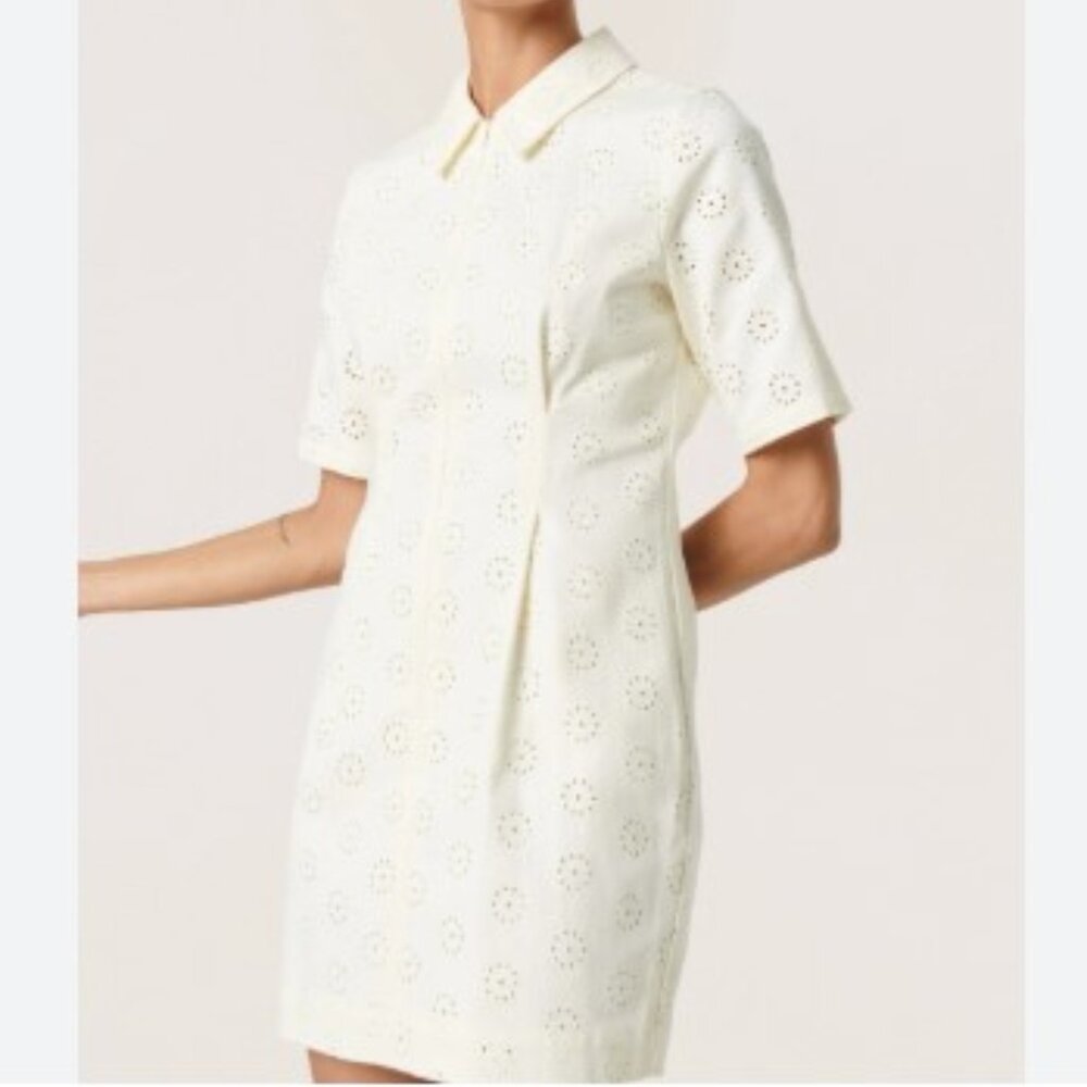 SOAKED White Casual Eyelet Zip Down Shirt Dress with Short Sleeves